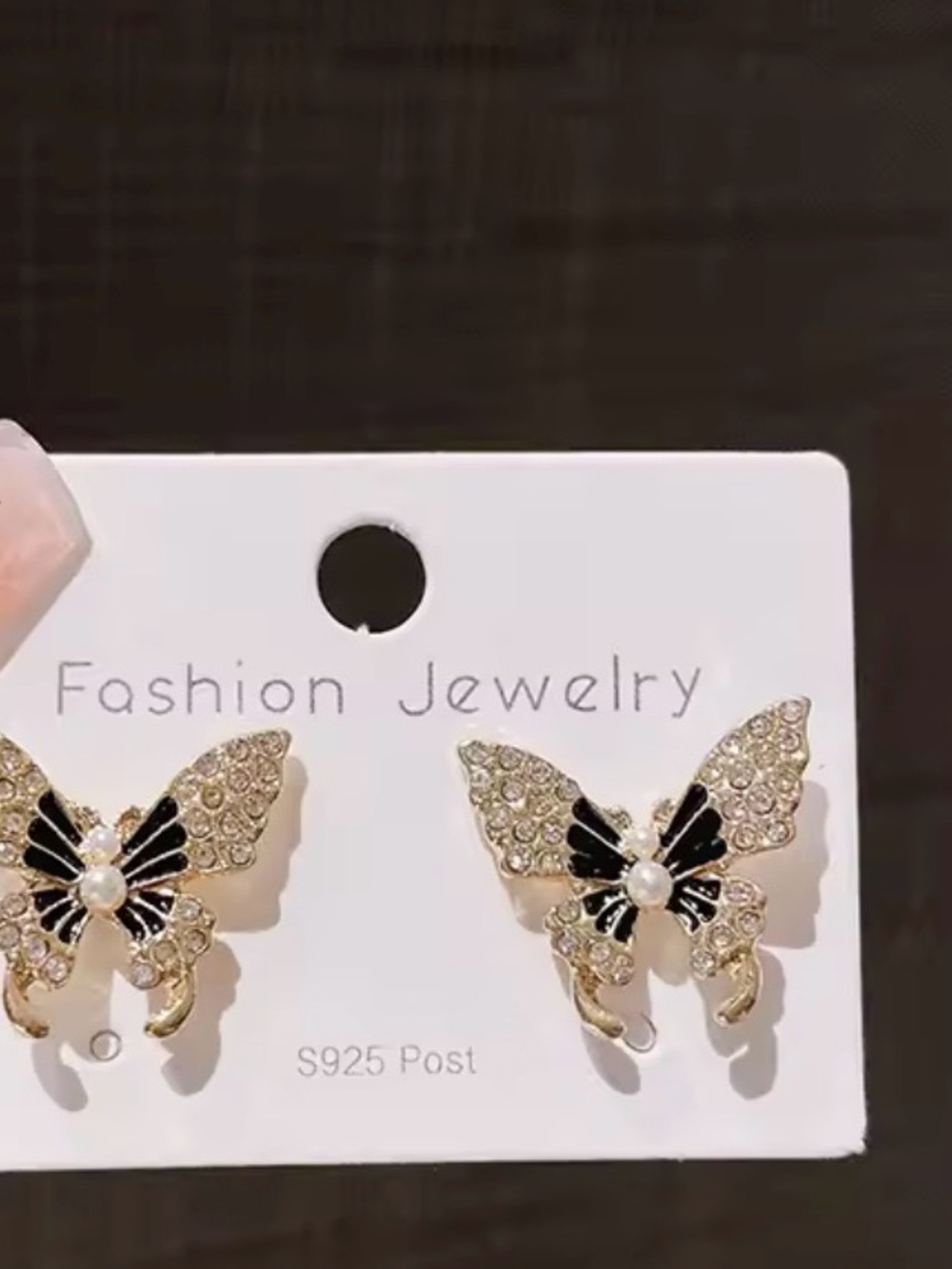Gold-Tone Butterfly Stud Earrings with Black Enamel and Crystal Accents
